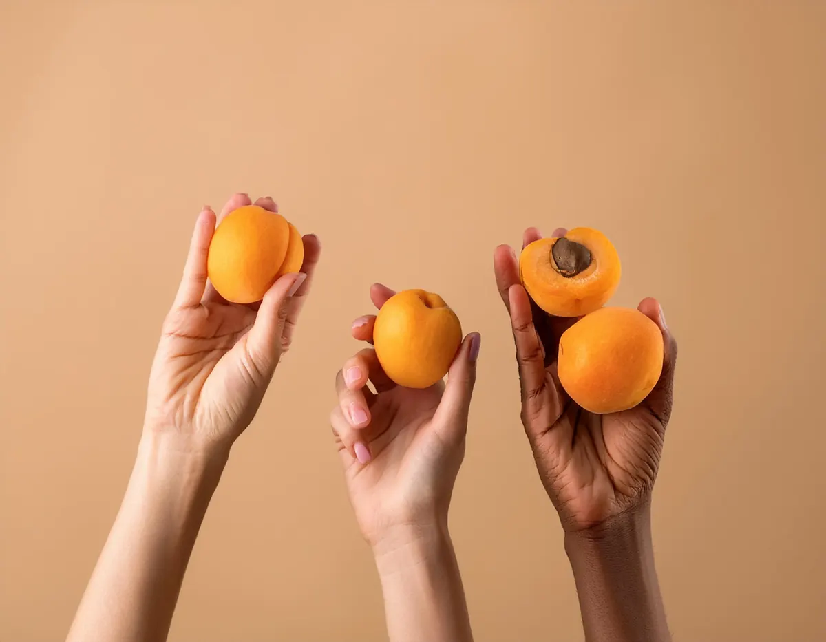 Trois mains levées tenant des abricots sur fond beige